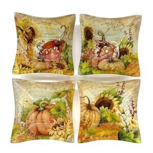 Prima Fall Harvest Autumn Glass Set of 4 Trinket Dishes 5.25” x 5.25”